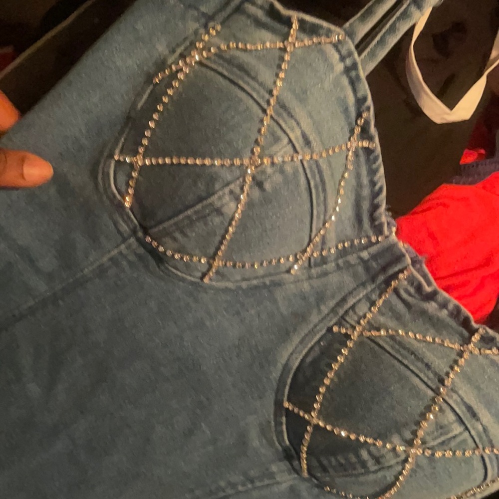 Diamond studded denim tank dress .